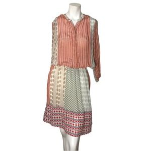 Benares Dress Blouson Contrasting‎ Pattern 3/4 Sleeves Roses Buttons Floral XS